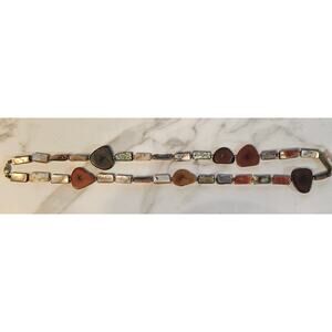 Vtg Gold Tone Statement Necklace Agate, Jasper, Abalone Shell, Tagua 28"